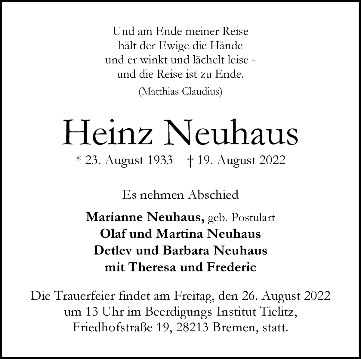  Traueranzeige für Heinz Neuhaus vom 24.08.2022 aus WESER-KURIER