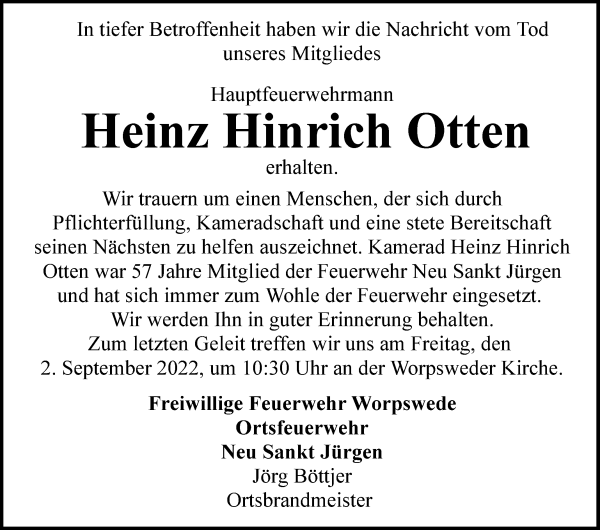 Traueranzeige von Heinz Hinrich Otten von Wuemme Zeitung