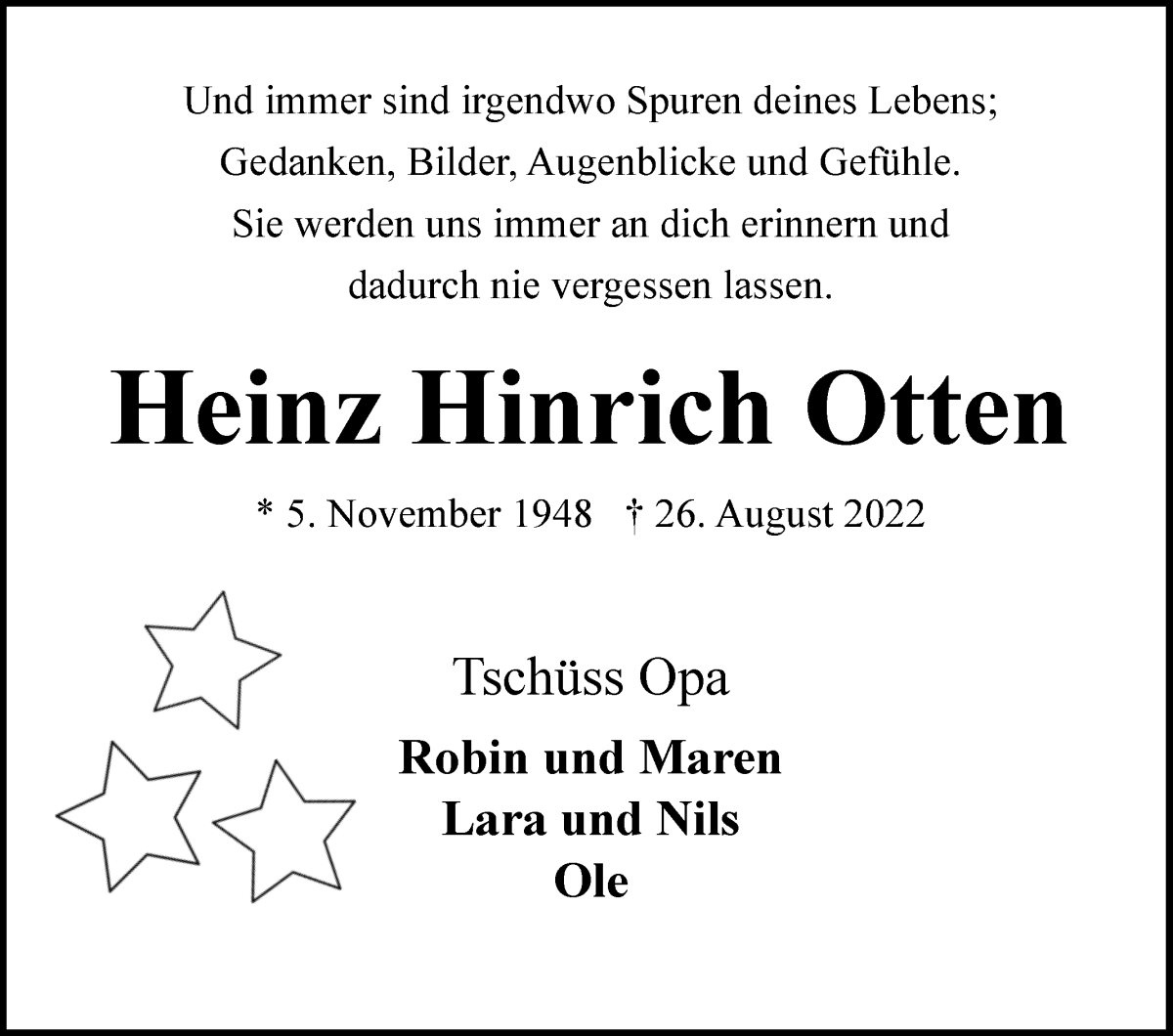  Traueranzeige für Heinz Hinrich Otten vom 30.08.2022 aus Wuemme Zeitung