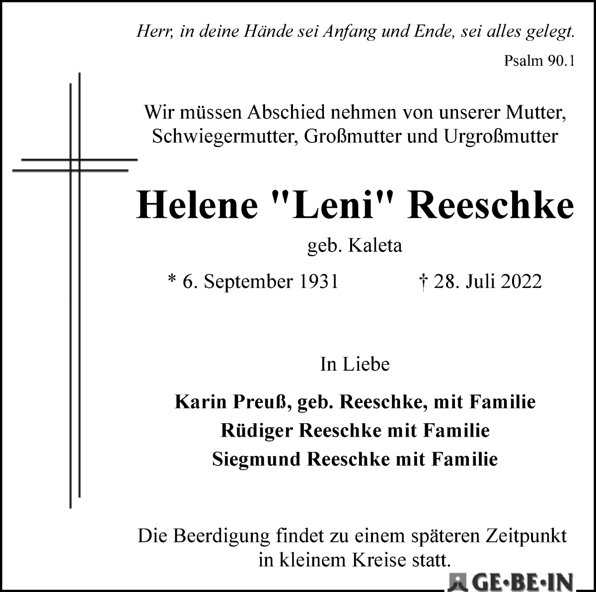  Traueranzeige für Helene Reeschke vom 06.08.2022 aus WESER-KURIER