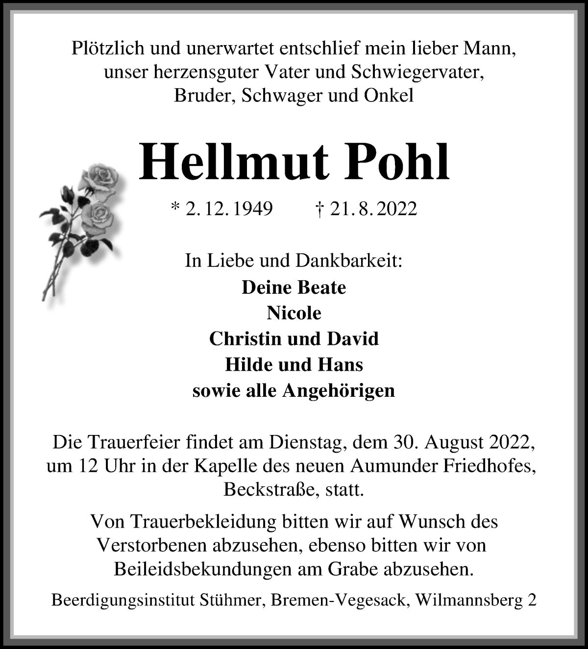  Traueranzeige für Hellmut Pohl vom 27.08.2022 aus Die Norddeutsche