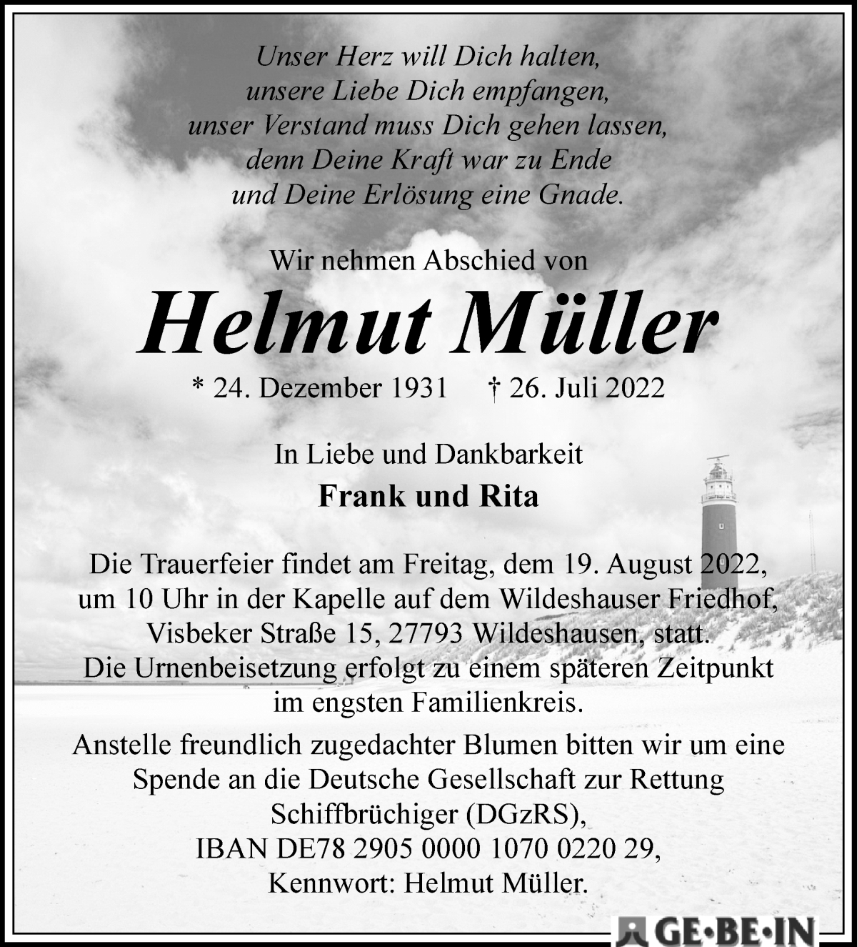 Traueranzeige von Helmut Müller von WESER-KURIER