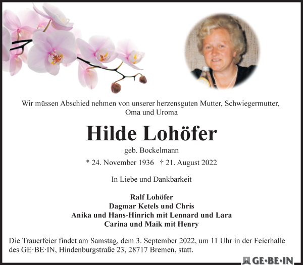 Traueranzeige von Hilde Lohöfer von WESER-KURIER