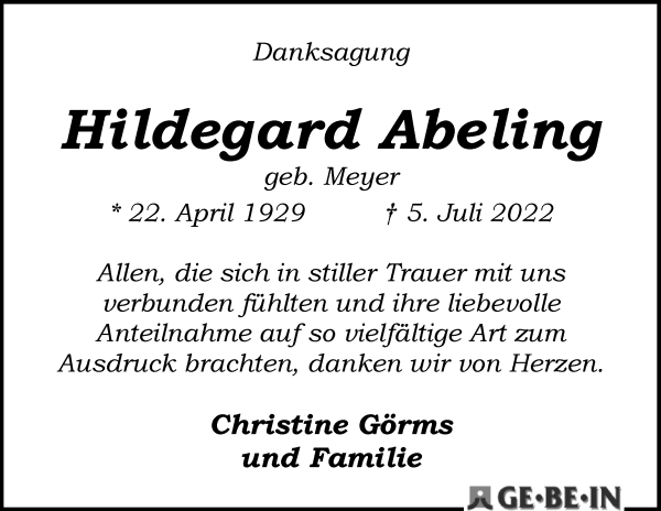 Traueranzeige von Hildegard Abeling von WESER-KURIER