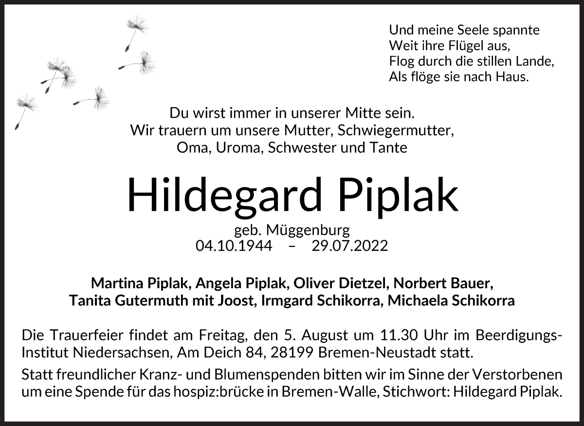  Traueranzeige für Hildegard Piplak vom 03.08.2022 aus WESER-KURIER