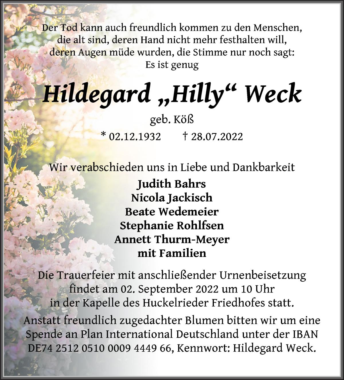  Traueranzeige für Hildegard Weck vom 13.08.2022 aus WESER-KURIER