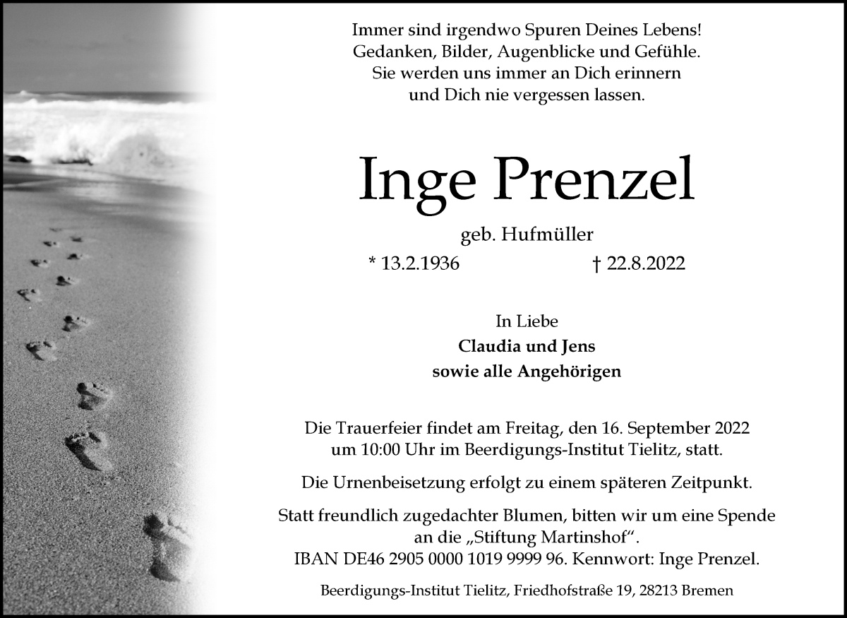 Traueranzeige für Inge Prenzel vom 27.08.2022 aus WESER-KURIER
