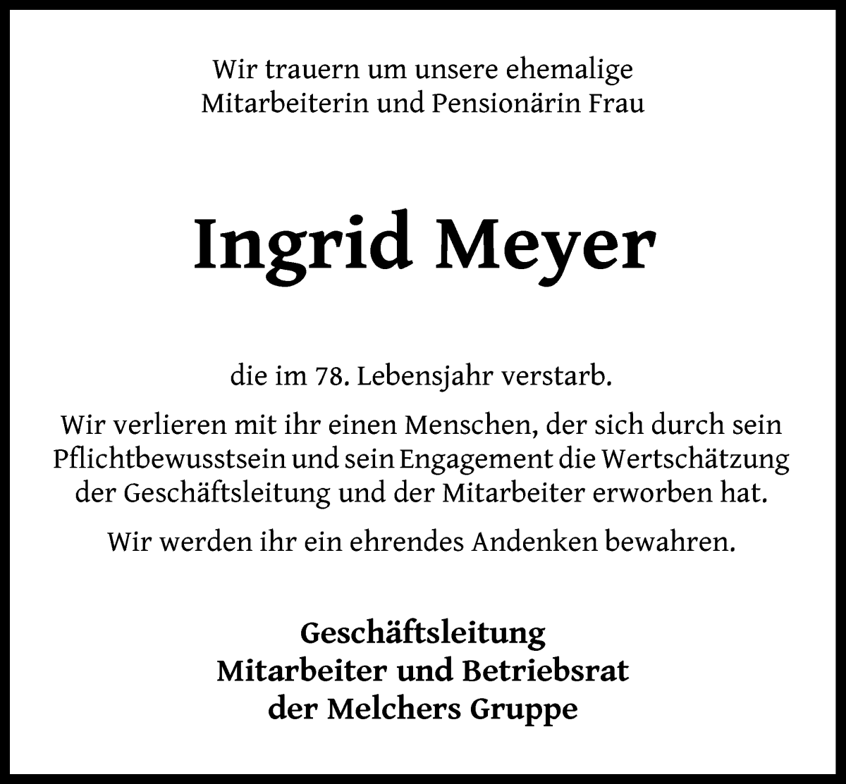  Traueranzeige für Ingrid Meyer vom 06.08.2022 aus WESER-KURIER