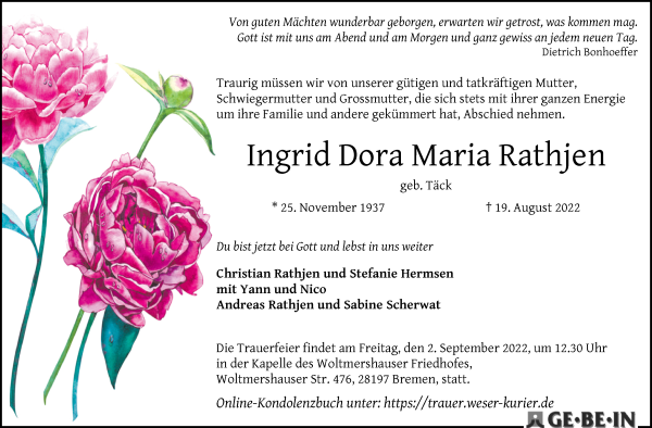Traueranzeige von Ingrid Dora Maria Rathjen von WESER-KURIER
