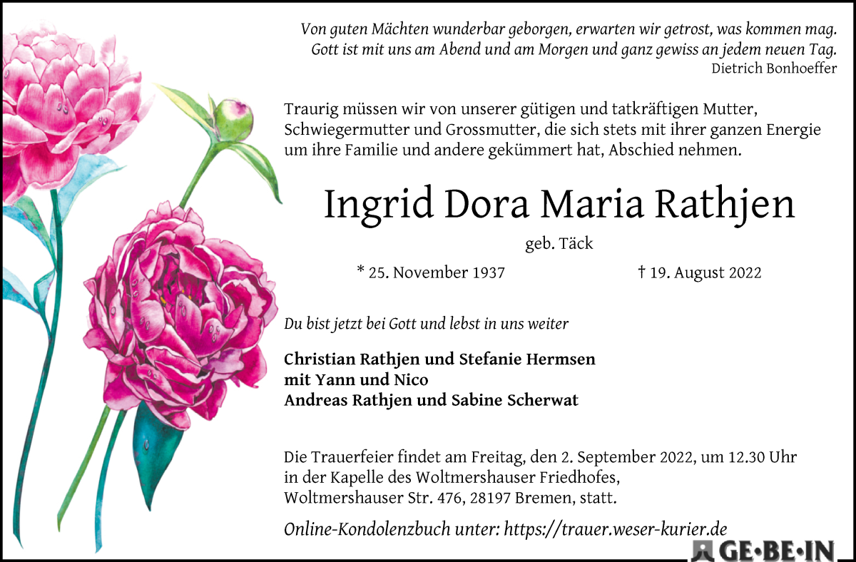  Traueranzeige für Ingrid Dora Maria Rathjen vom 27.08.2022 aus WESER-KURIER