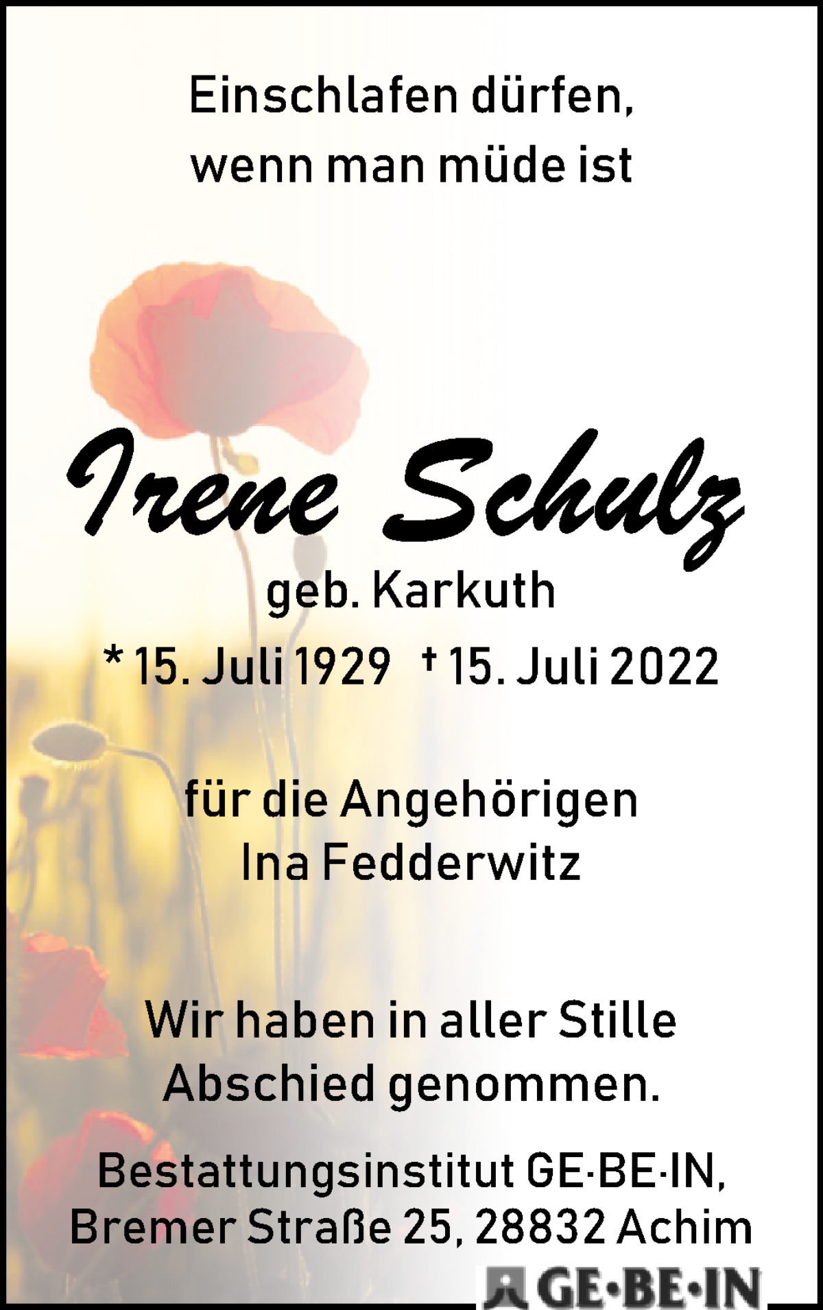  Traueranzeige für Irene Schulz vom 06.08.2022 aus WESER-KURIER
