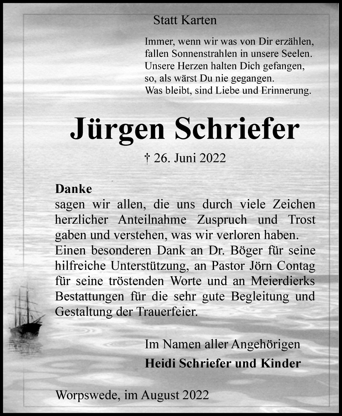  Traueranzeige für Jürgen Schriefer vom 13.08.2022 aus Wuemme Zeitung