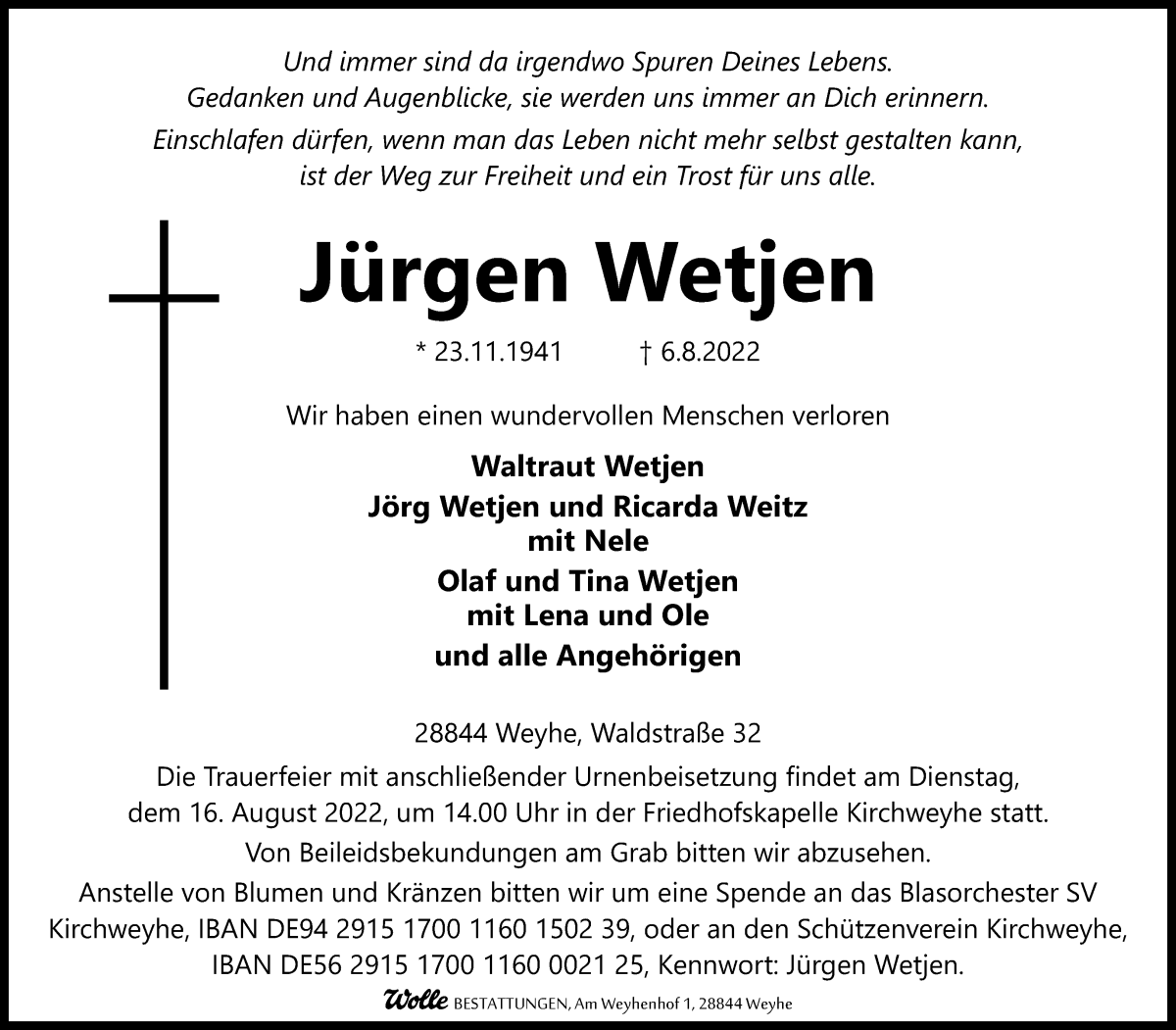  Traueranzeige für Jürgen Wetjen vom 10.08.2022 aus WESER-KURIER