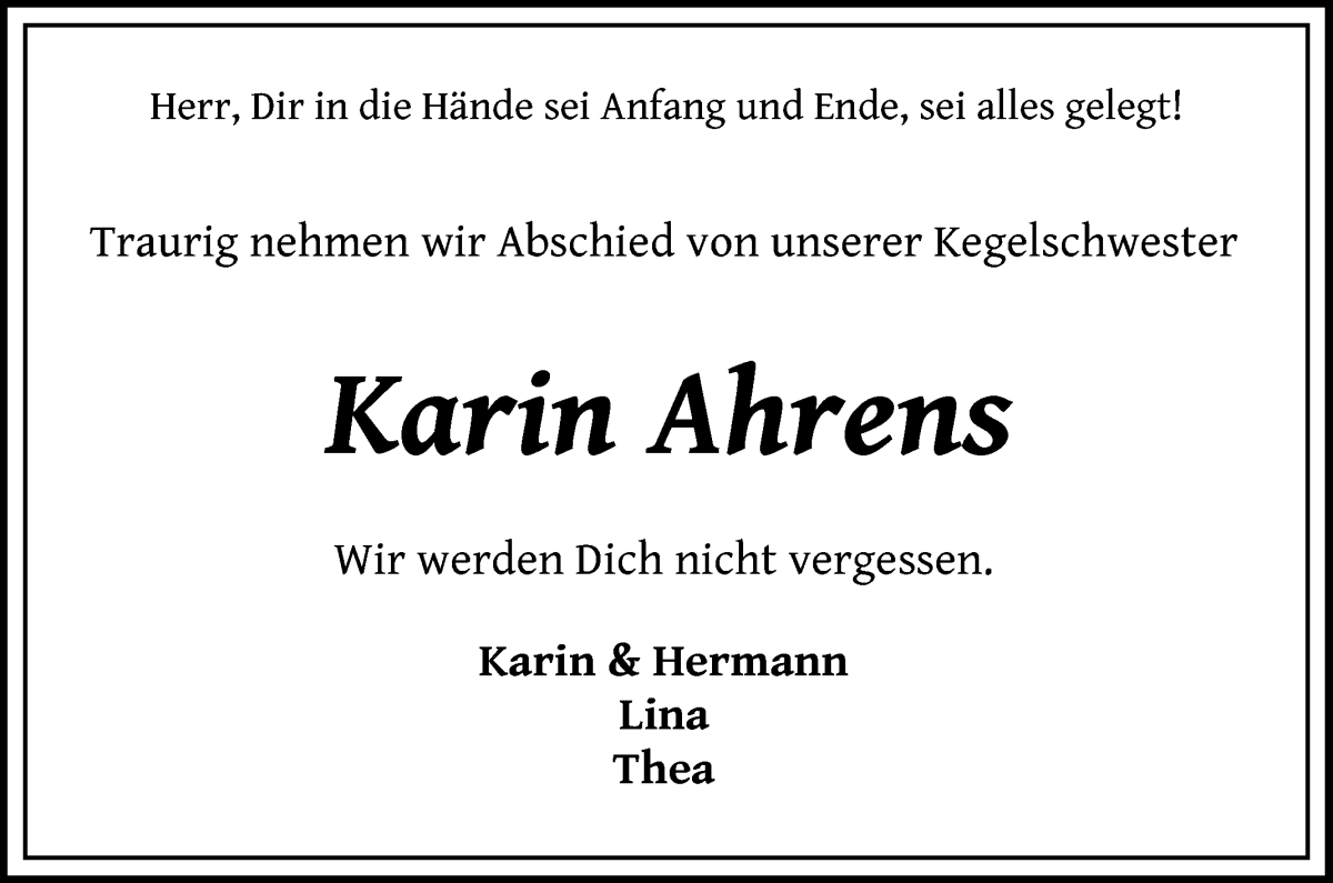  Traueranzeige für Karin Ahrens vom 04.08.2022 aus Wuemme Zeitung