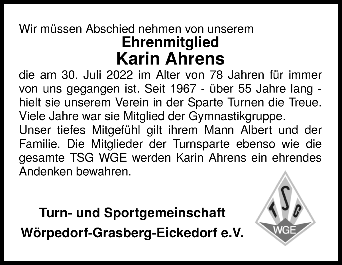  Traueranzeige für Karin Ahrens vom 06.08.2022 aus Wuemme Zeitung