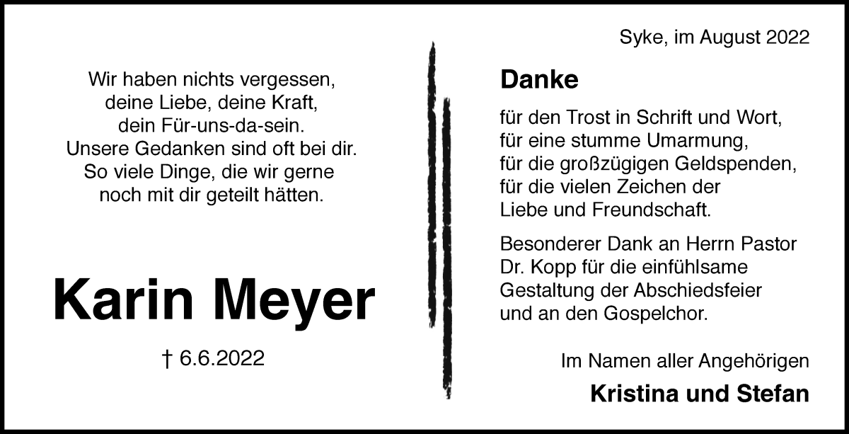  Traueranzeige für Karin Meyer vom 13.08.2022 aus Regionale Rundschau/Syker Kurier