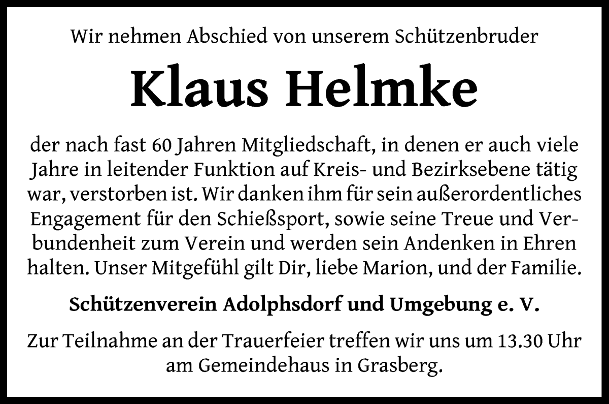 Traueranzeige von Klaus Helmke von Wuemme Zeitung