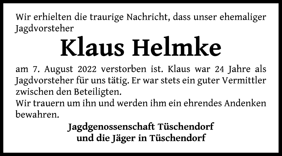  Traueranzeige für Klaus Helmke vom 12.08.2022 aus Wuemme Zeitung