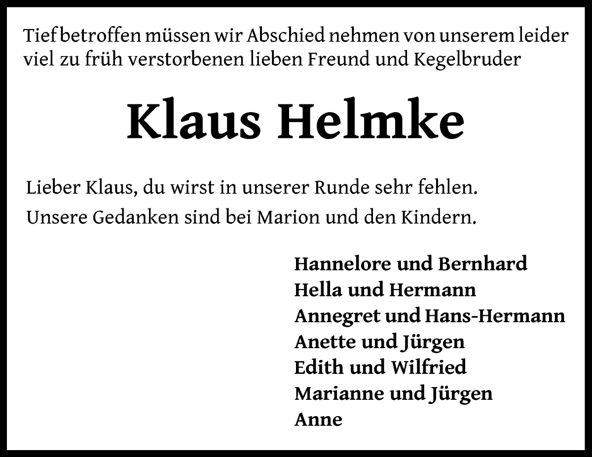 Traueranzeige für Klaus Helmke vom 12.08.2022 aus Wuemme Zeitung