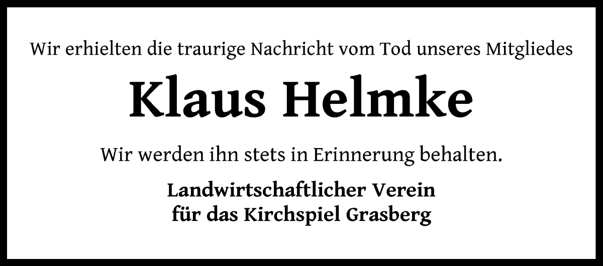  Traueranzeige für Klaus Helmke vom 11.08.2022 aus Wuemme Zeitung