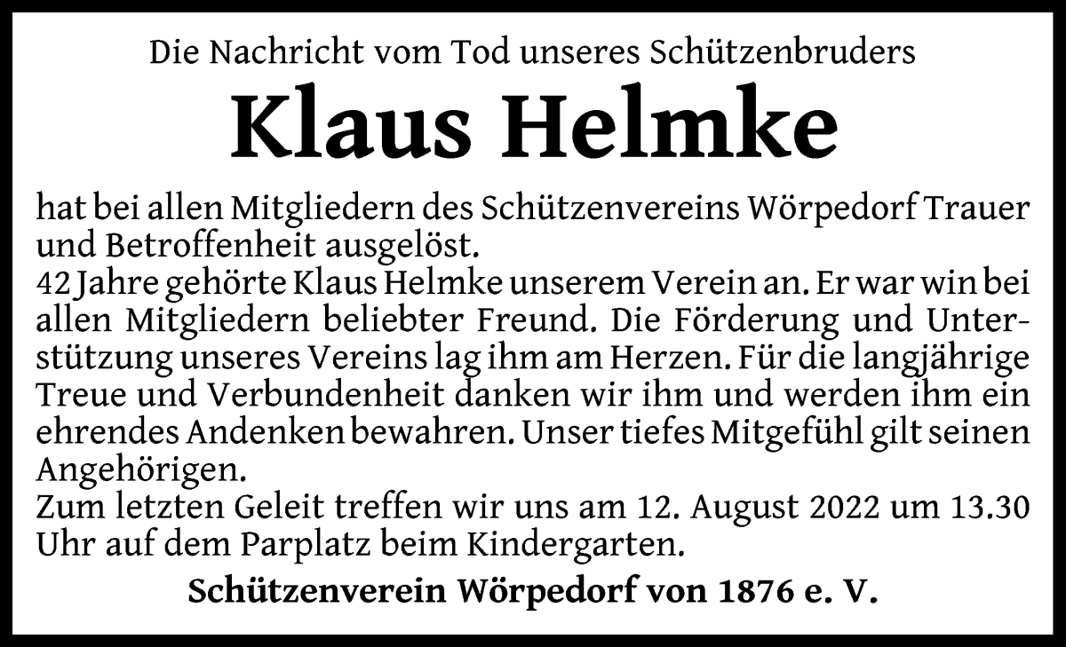  Traueranzeige für Klaus Helmke vom 11.08.2022 aus Wuemme Zeitung