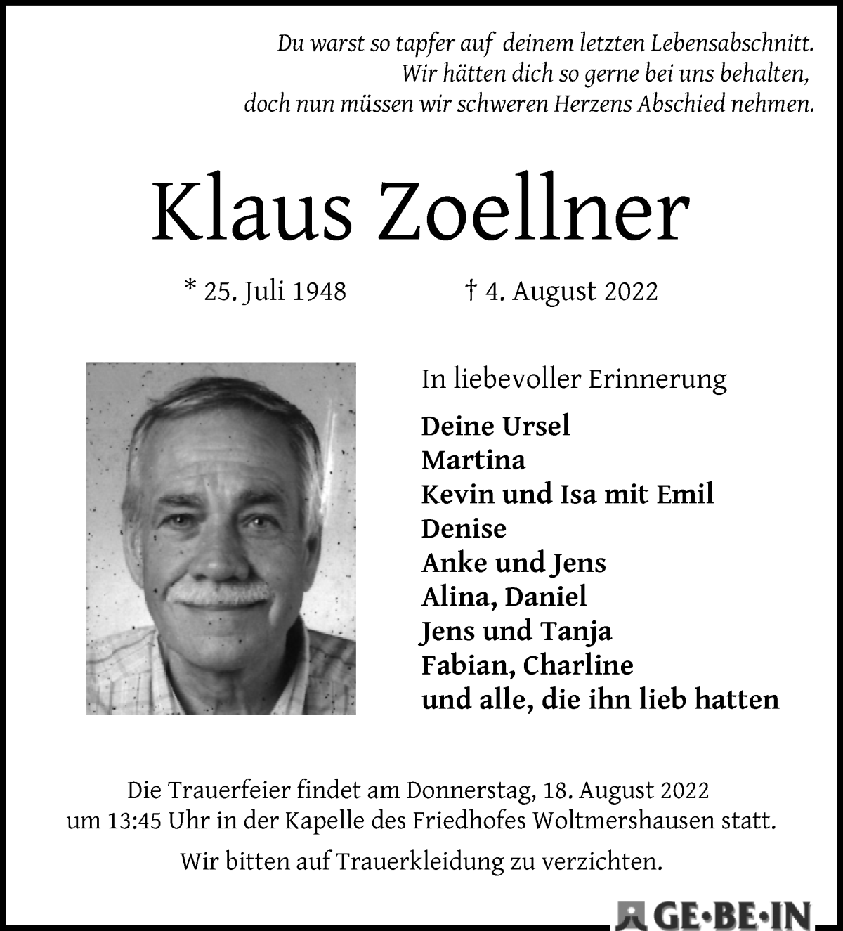  Traueranzeige für Klaus Zoellner vom 13.08.2022 aus WESER-KURIER