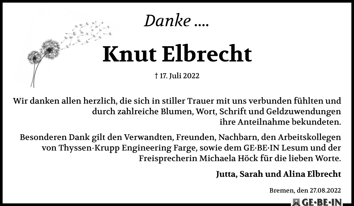 Traueranzeige von Knut Elbrecht von Die Norddeutsche