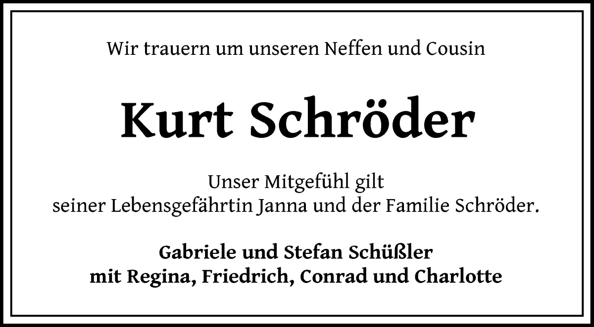  Traueranzeige für Kurt Schröder vom 02.08.2022 aus Wuemme Zeitung