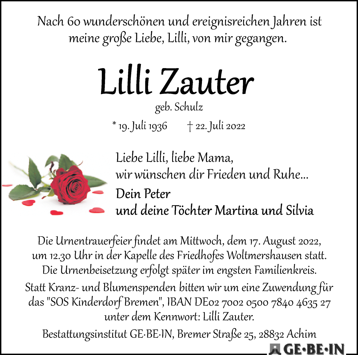  Traueranzeige für Lilli Zauter vom 06.08.2022 aus WESER-KURIER