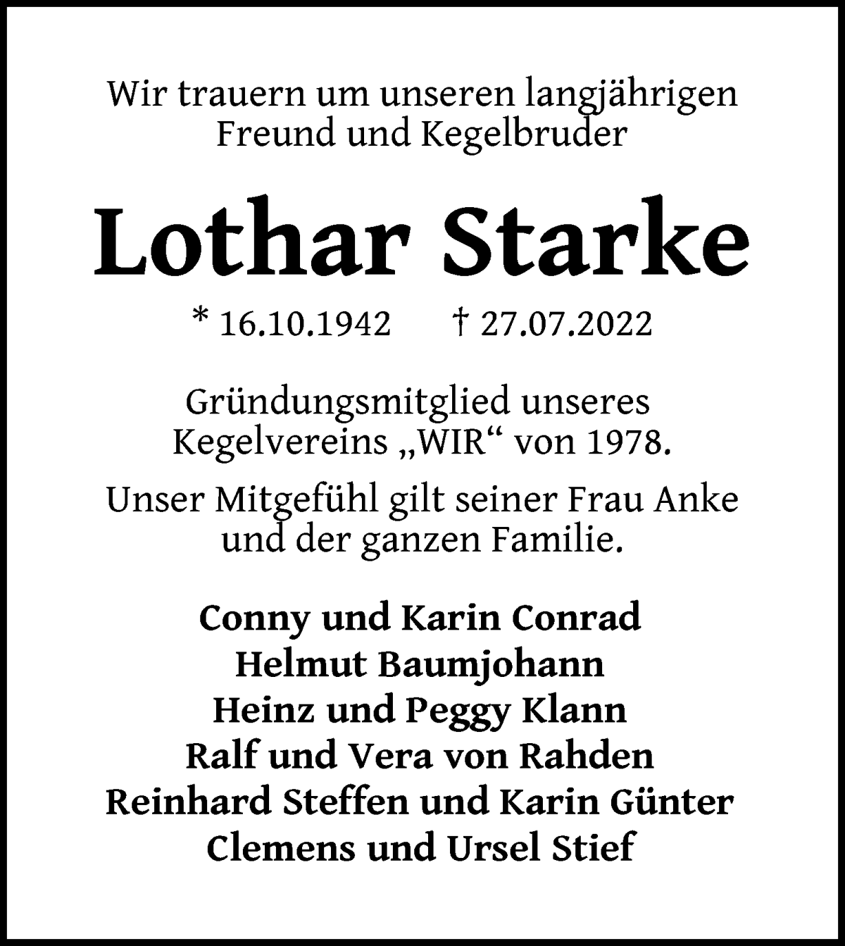 Traueranzeige von Lothar Starke von WESER-KURIER