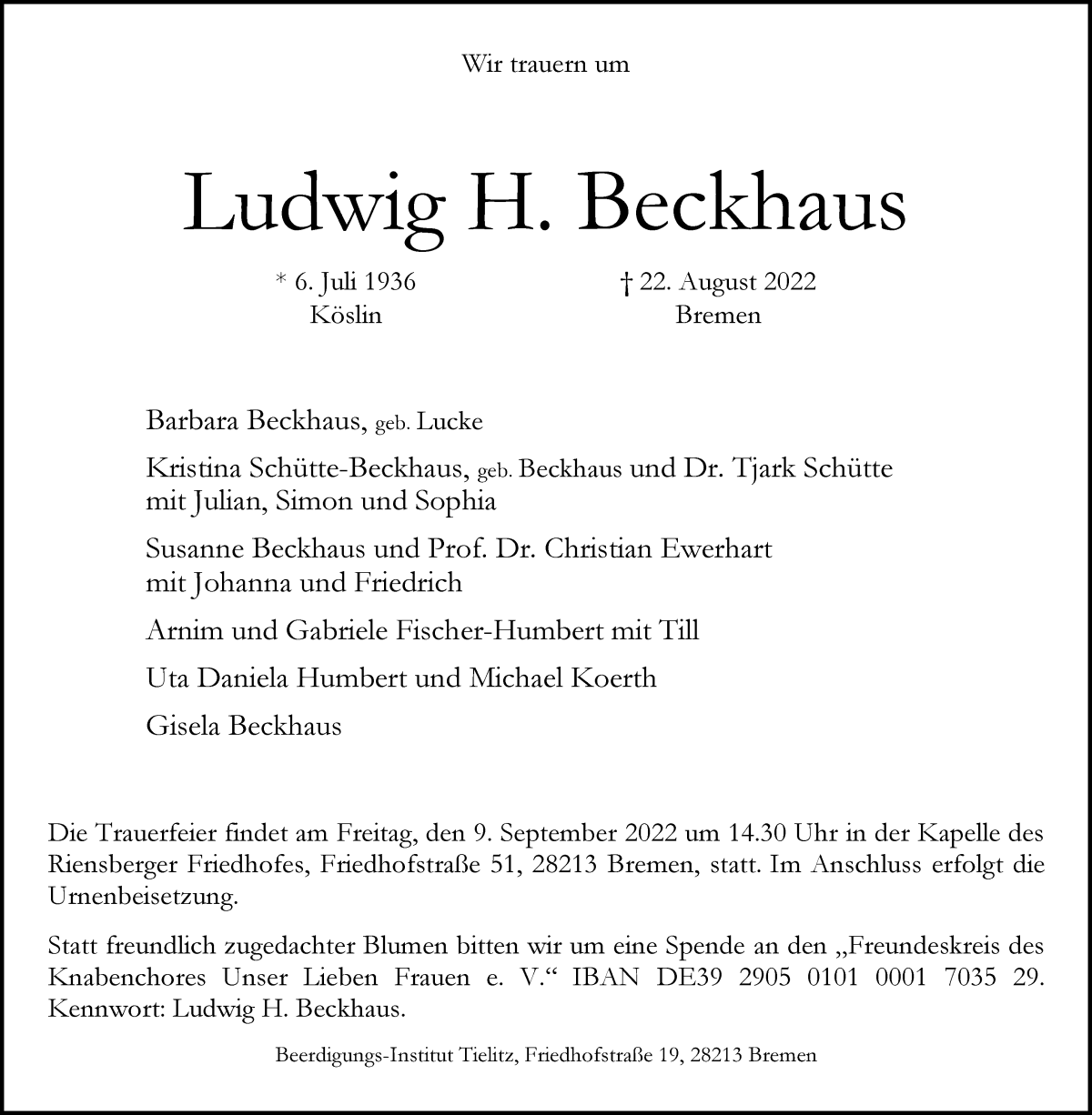  Traueranzeige für Ludwig  Beckhaus vom 27.08.2022 aus WESER-KURIER