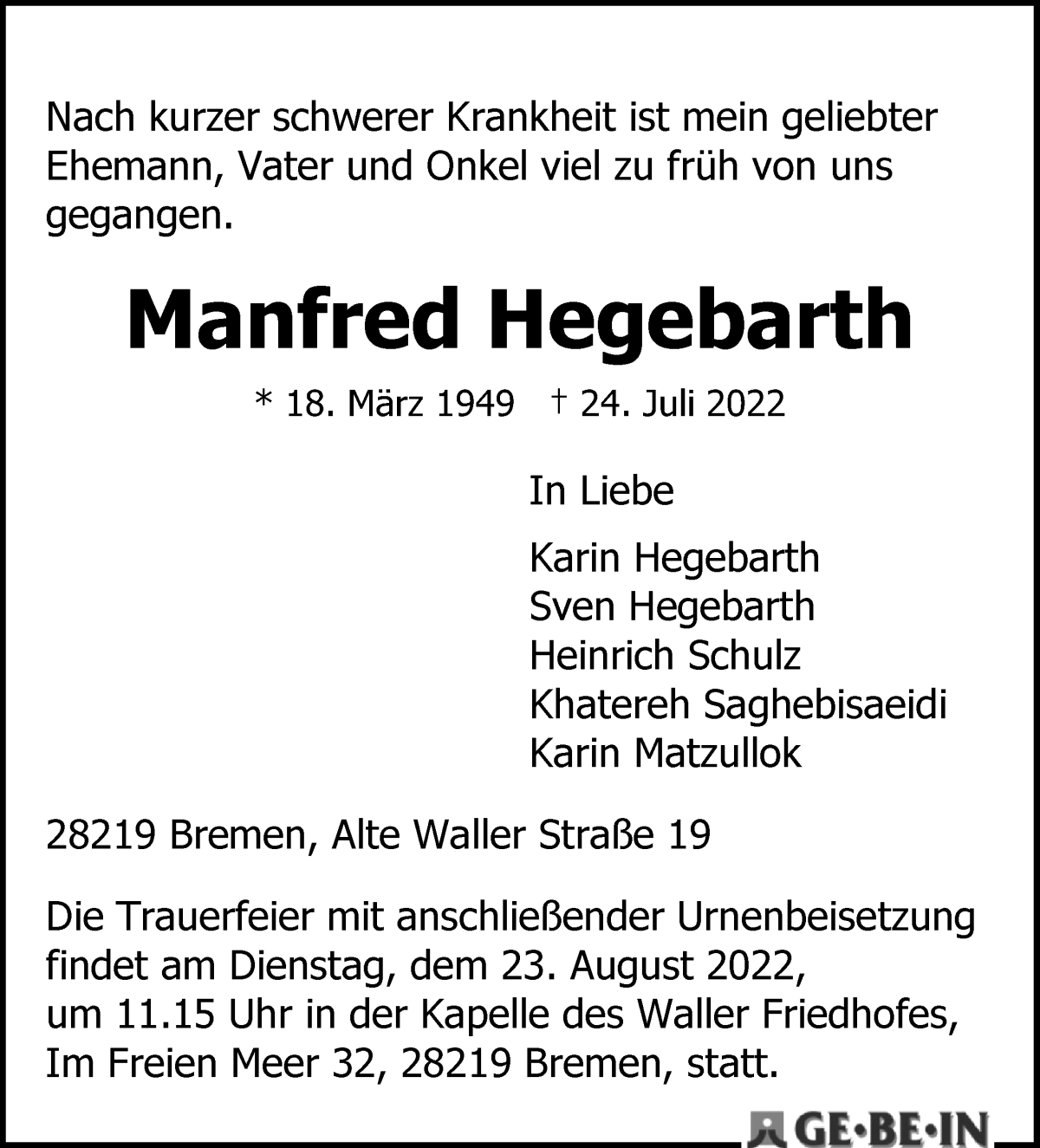  Traueranzeige für Manfred Hegebarth vom 06.08.2022 aus WESER-KURIER