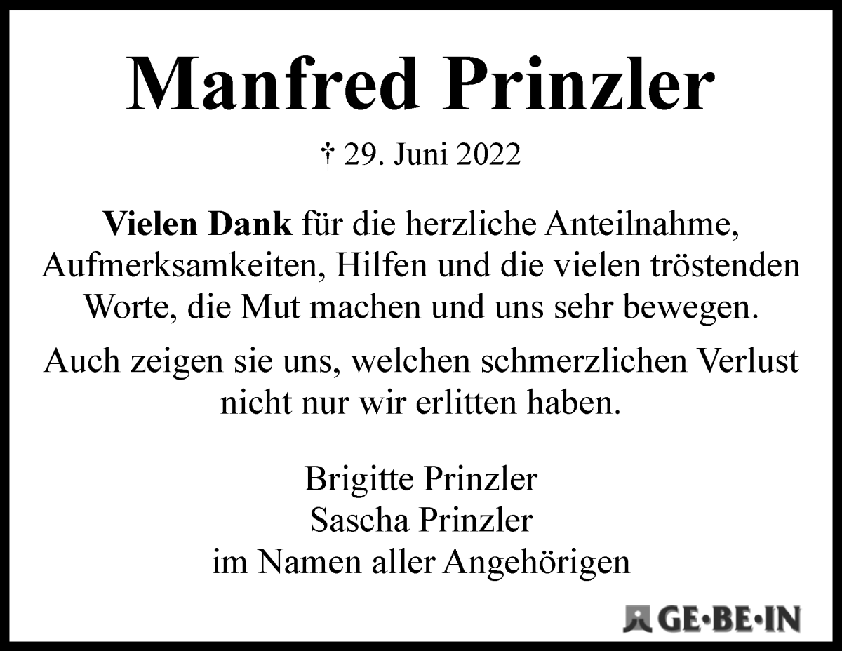  Traueranzeige für Manfred Prinzler vom 06.08.2022 aus WESER-KURIER