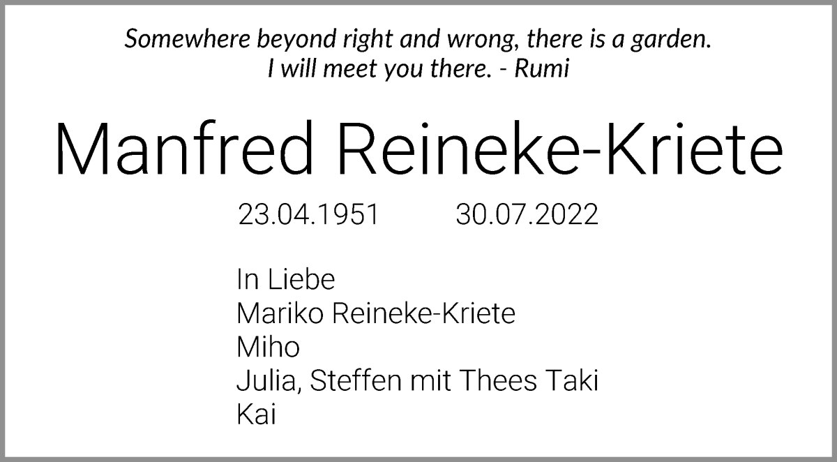  Traueranzeige für Manfred Reineke-Kriete vom 03.08.2022 aus Osterholzer Kreisblatt