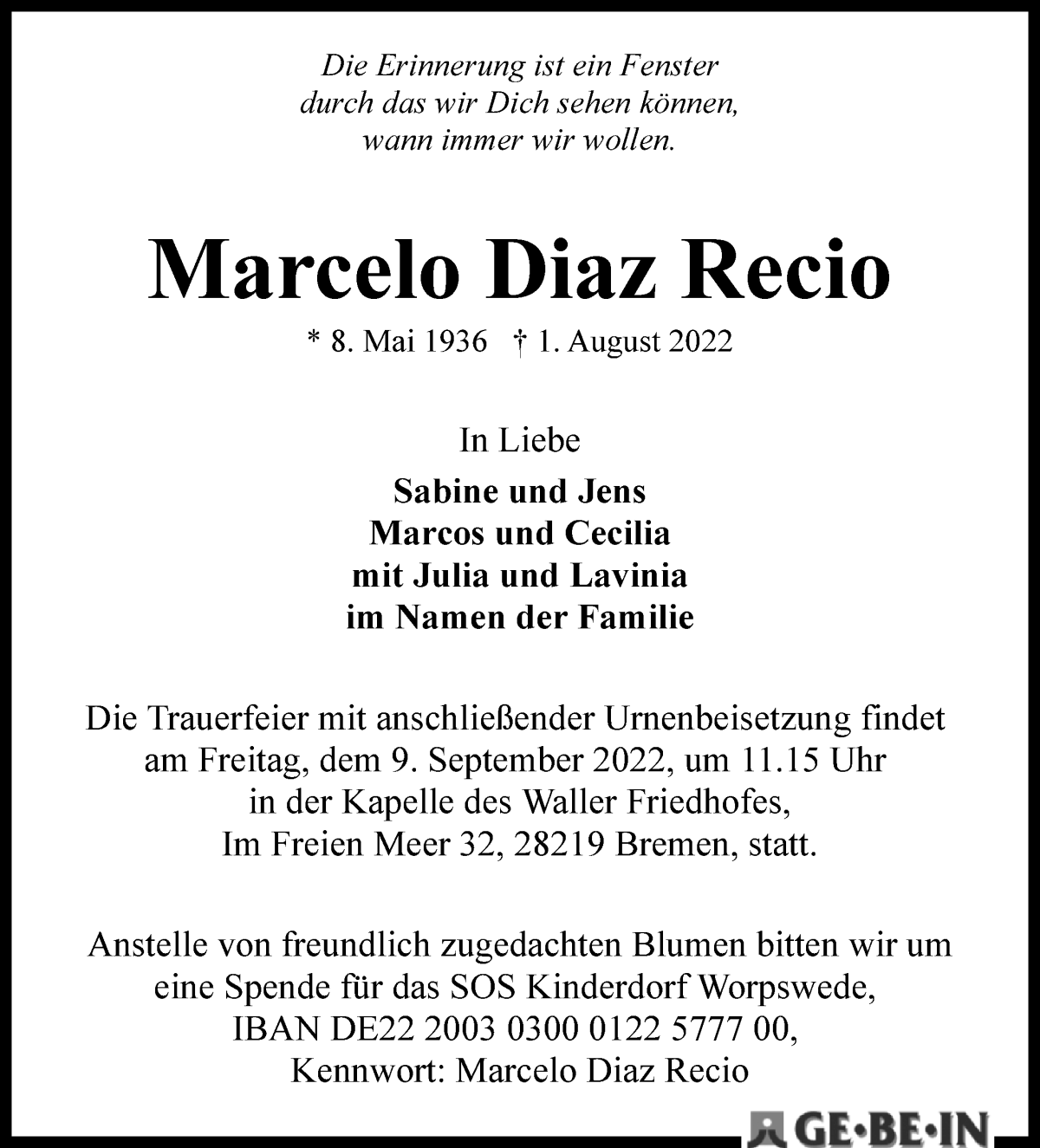  Traueranzeige für Marcelo Diaz Recio vom 20.08.2022 aus WESER-KURIER