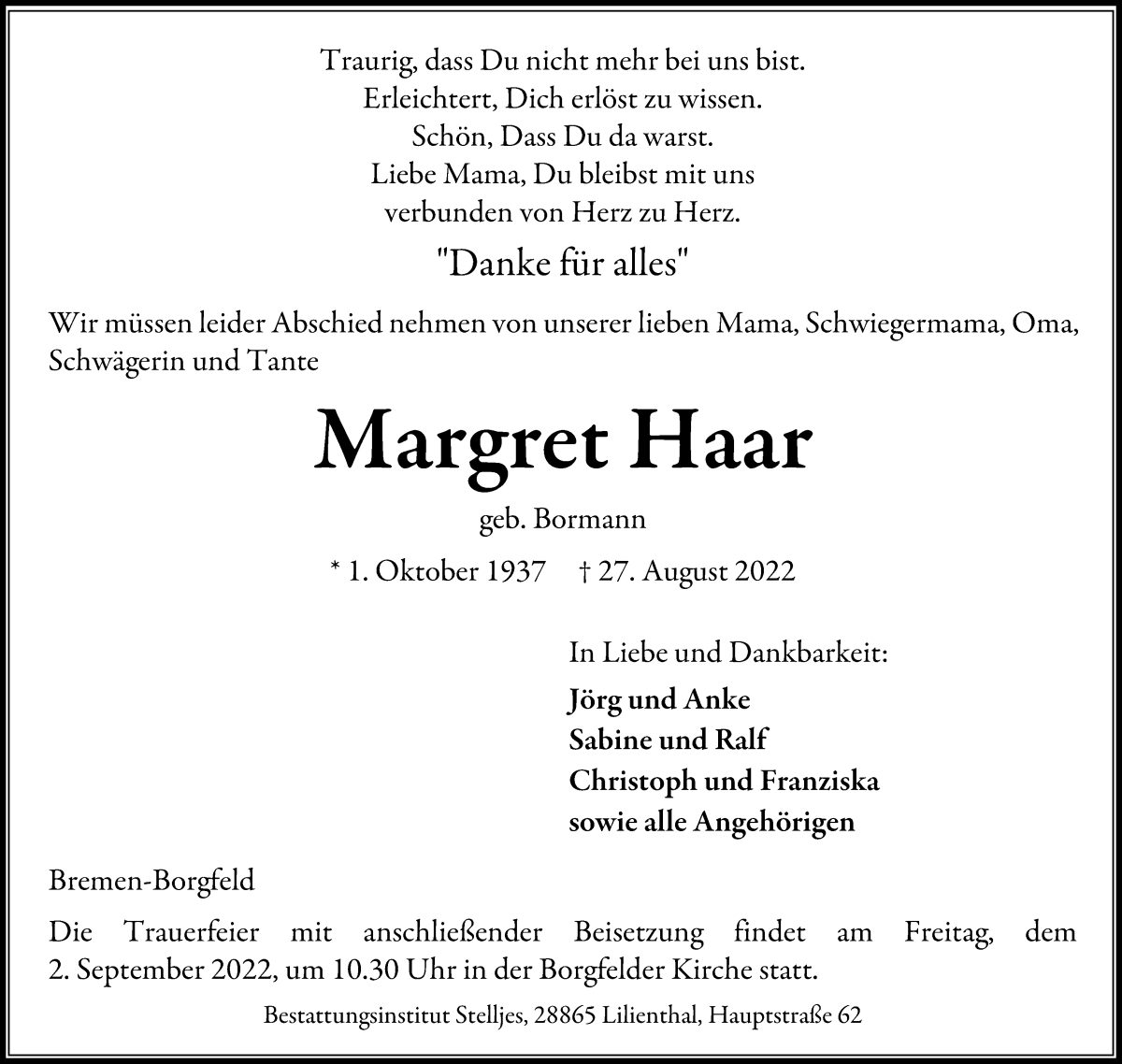  Traueranzeige für Margret Haar vom 30.08.2022 aus Wuemme Zeitung