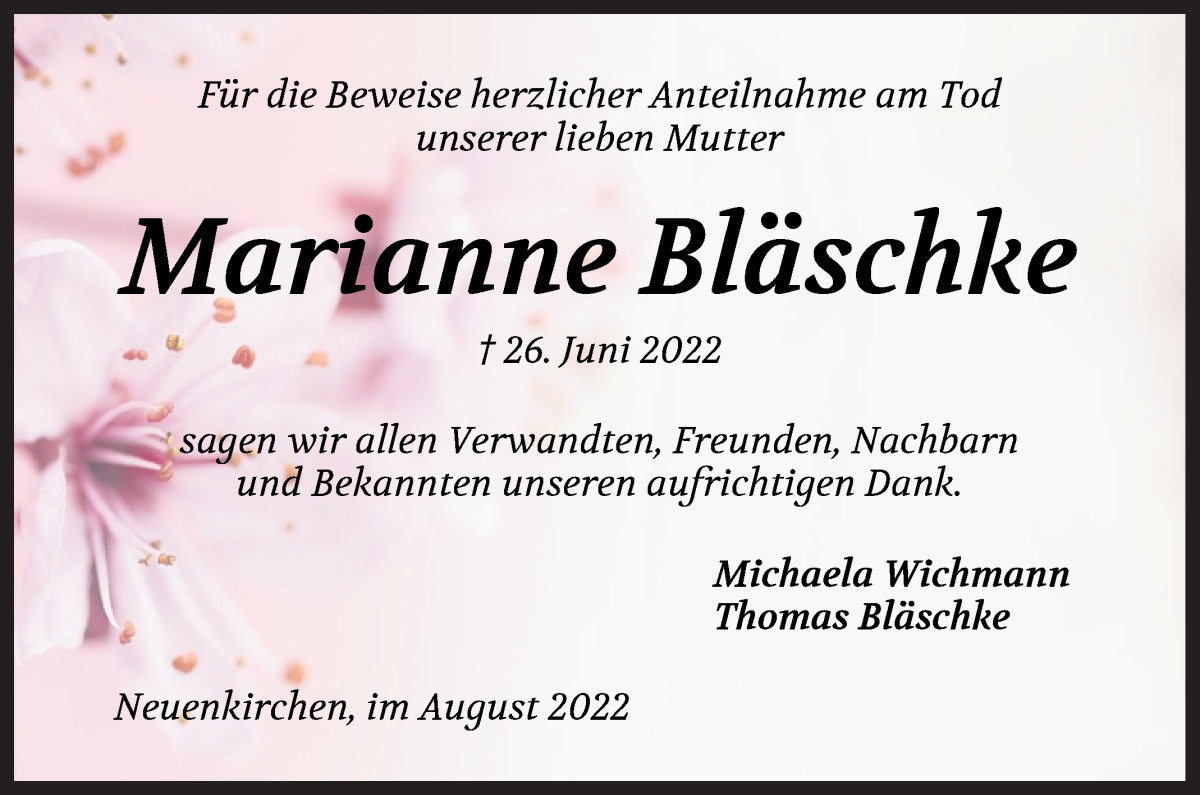 Traueranzeige von Marianne Bläschke von Die Norddeutsche