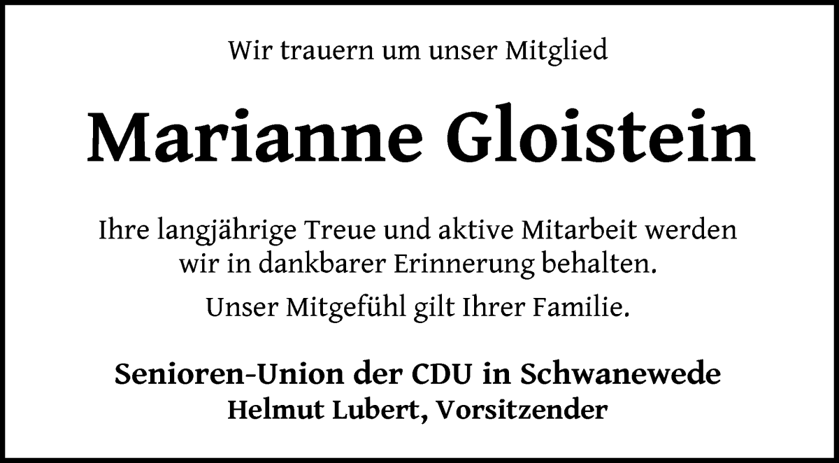  Traueranzeige für Marianne Gloistein vom 05.08.2022 aus Die Norddeutsche