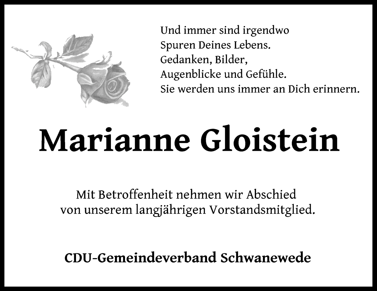  Traueranzeige für Marianne Gloistein vom 10.08.2022 aus Die Norddeutsche