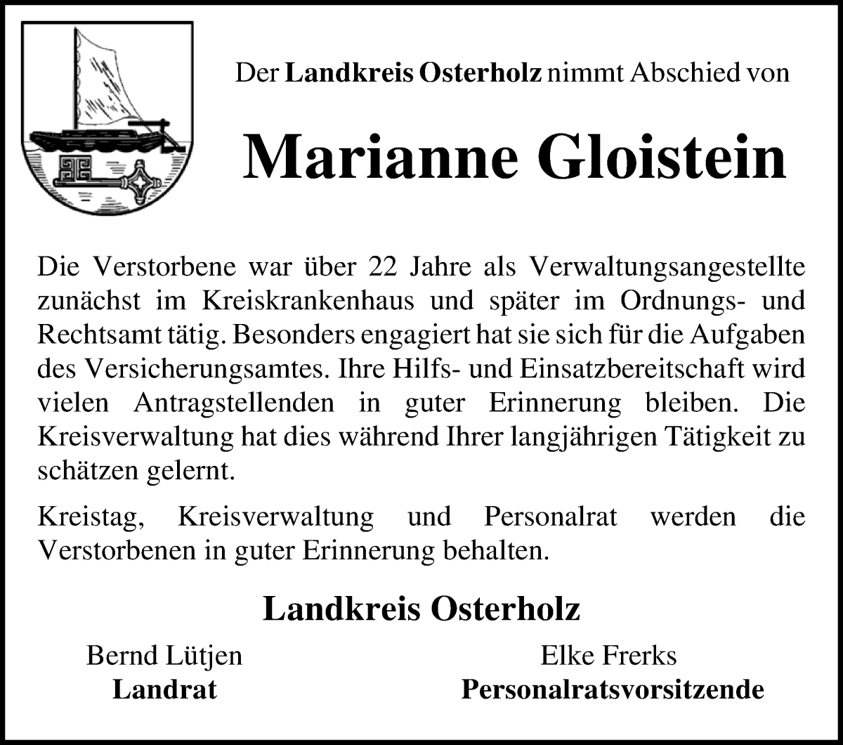  Traueranzeige für Marianne Gloistein vom 06.08.2022 aus Die Norddeutsche