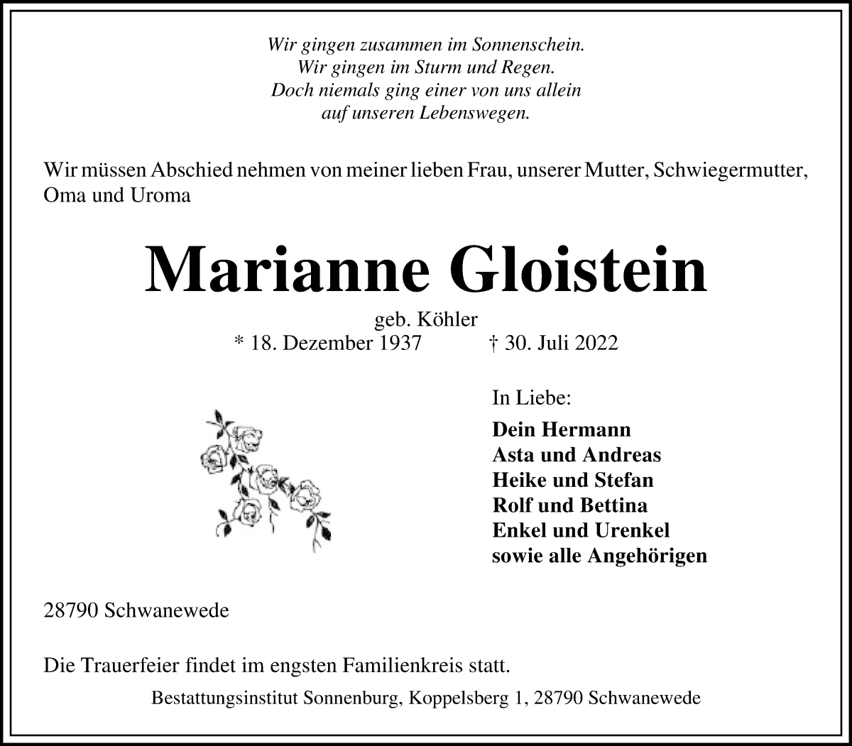  Traueranzeige für Marianne Gloistein vom 03.08.2022 aus Die Norddeutsche