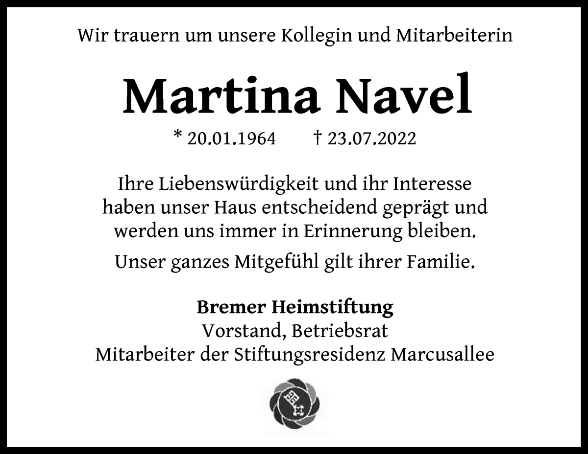  Traueranzeige für Martina Navel vom 05.08.2022 aus WESER-KURIER