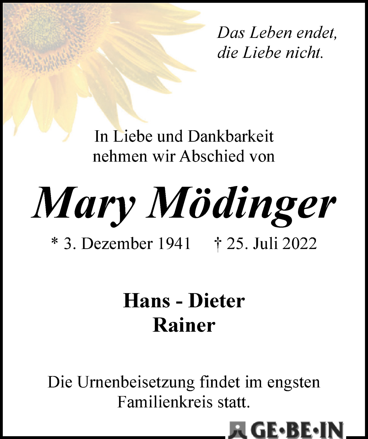Traueranzeige von Mary Mödinger von WESER-KURIER