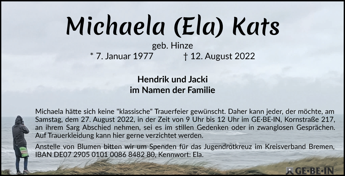 Traueranzeige für Michaela Kats vom 20.08.2022 aus WESER-KURIER