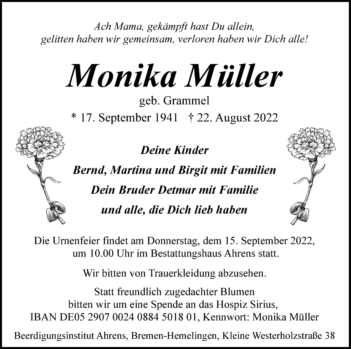  Traueranzeige für Monika Müller vom 31.08.2022 aus WESER-KURIER