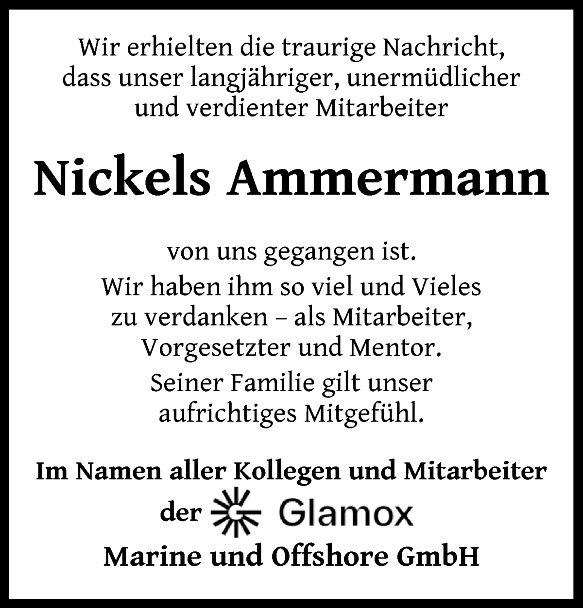  Traueranzeige für Nickels Ackermann vom 10.08.2022 aus WESER-KURIER