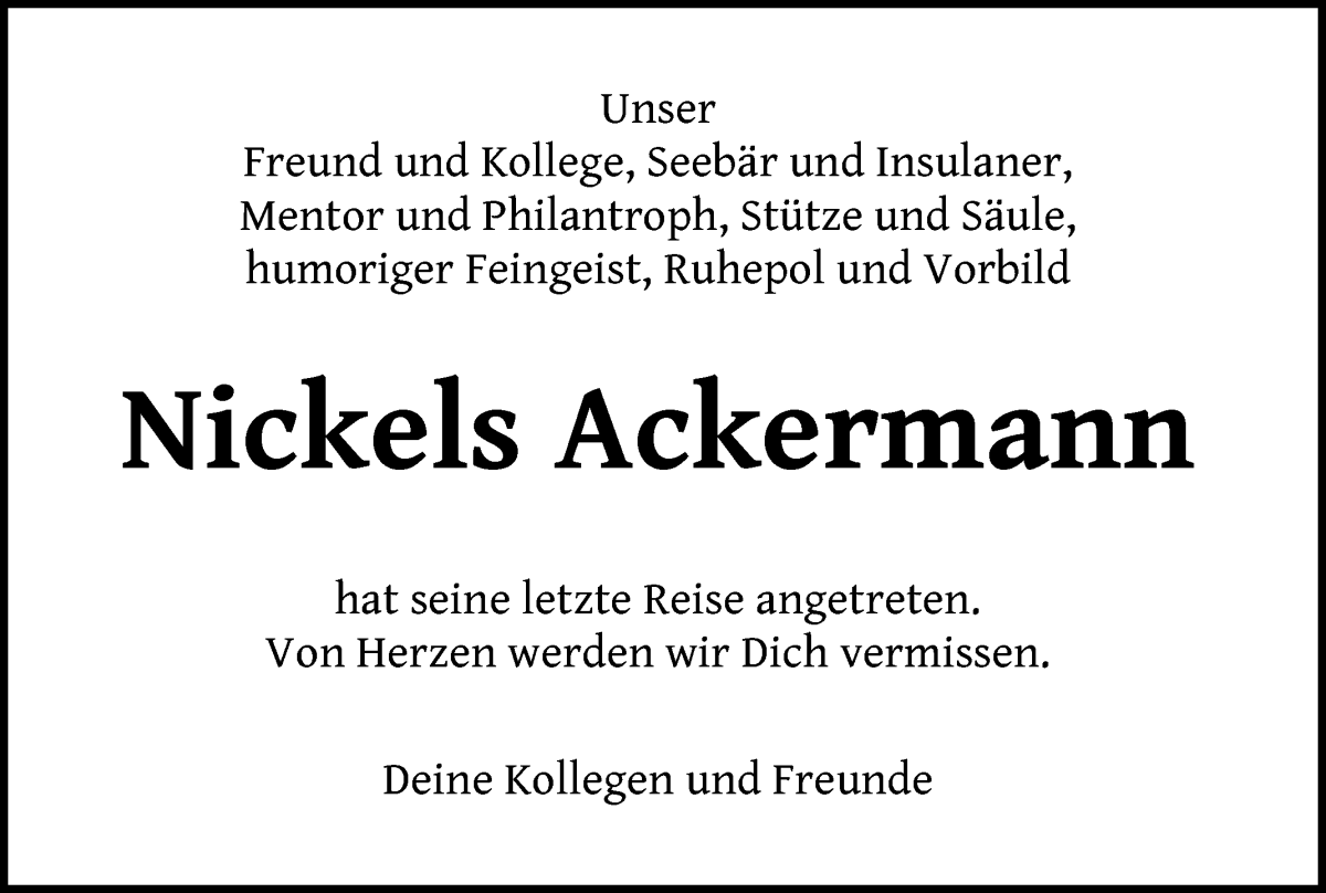 Traueranzeige für Nickels Ackermann vom 05.08.2022 aus Achimer Kurier/Verdener Nachrichten