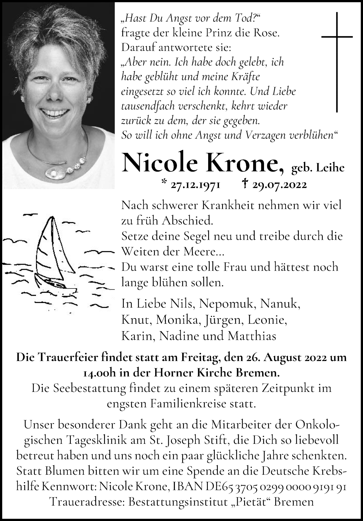  Traueranzeige für Nicole Krone vom 13.08.2022 aus WESER-KURIER