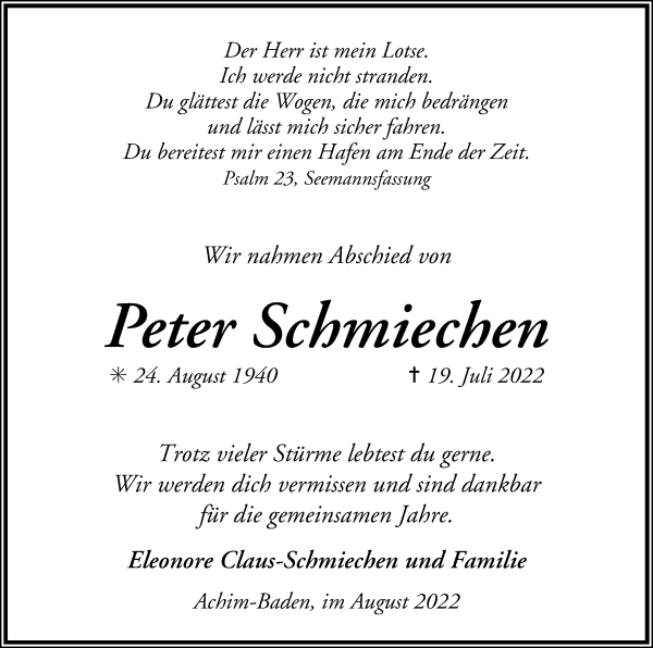 Traueranzeige von Peter Schmiechen von WESER-KURIER