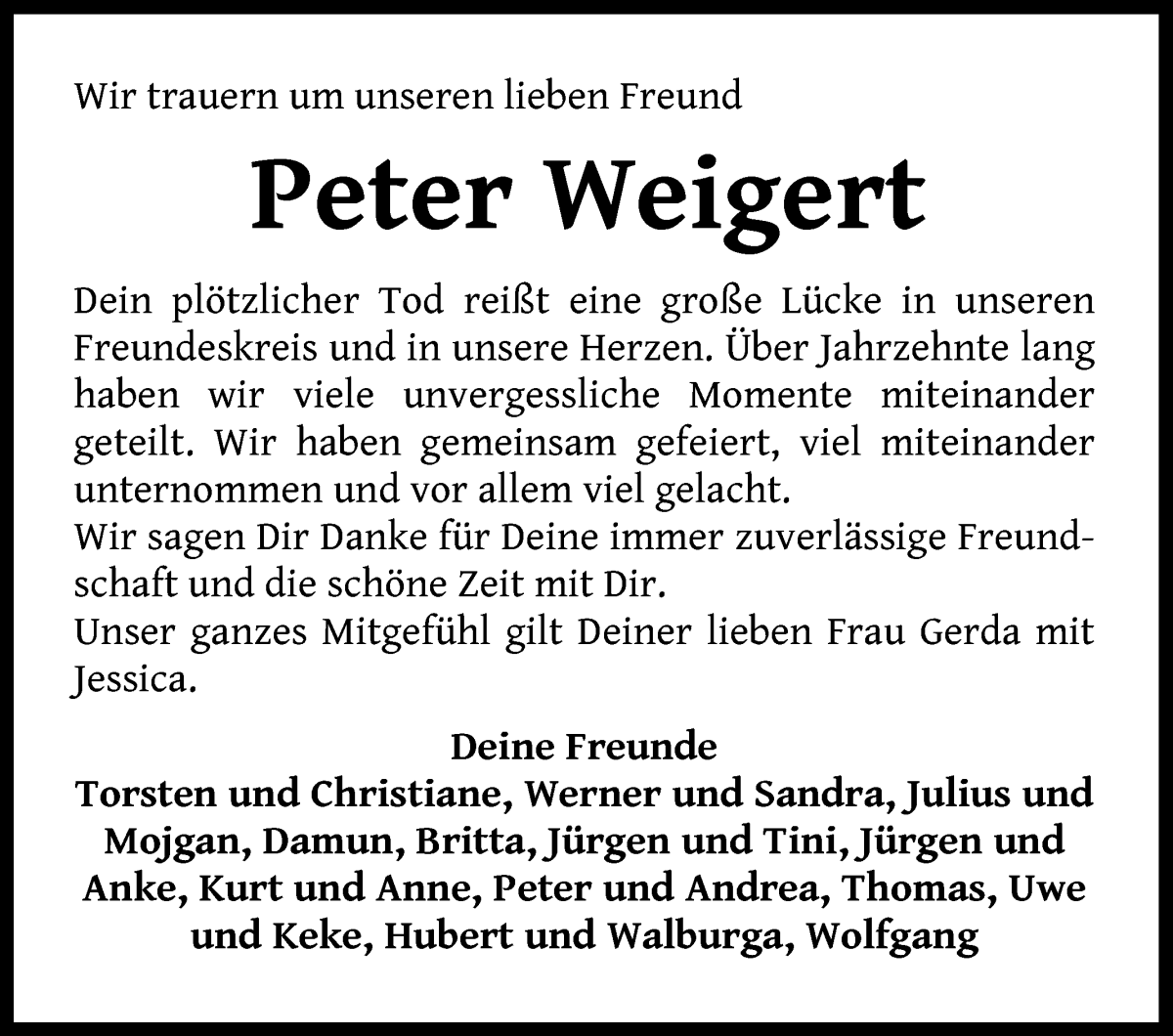 Traueranzeige von Peter Weigert von WESER-KURIER